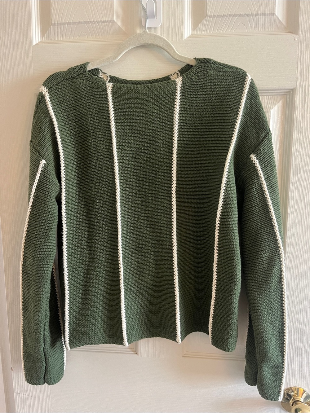 Commense Olive Green Crewneck Sweater with White Stripes